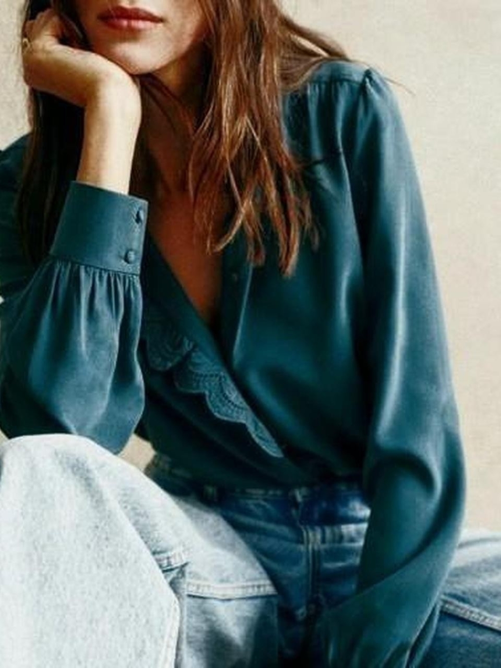 Sezane Chlo Dark Green Silk Blouse